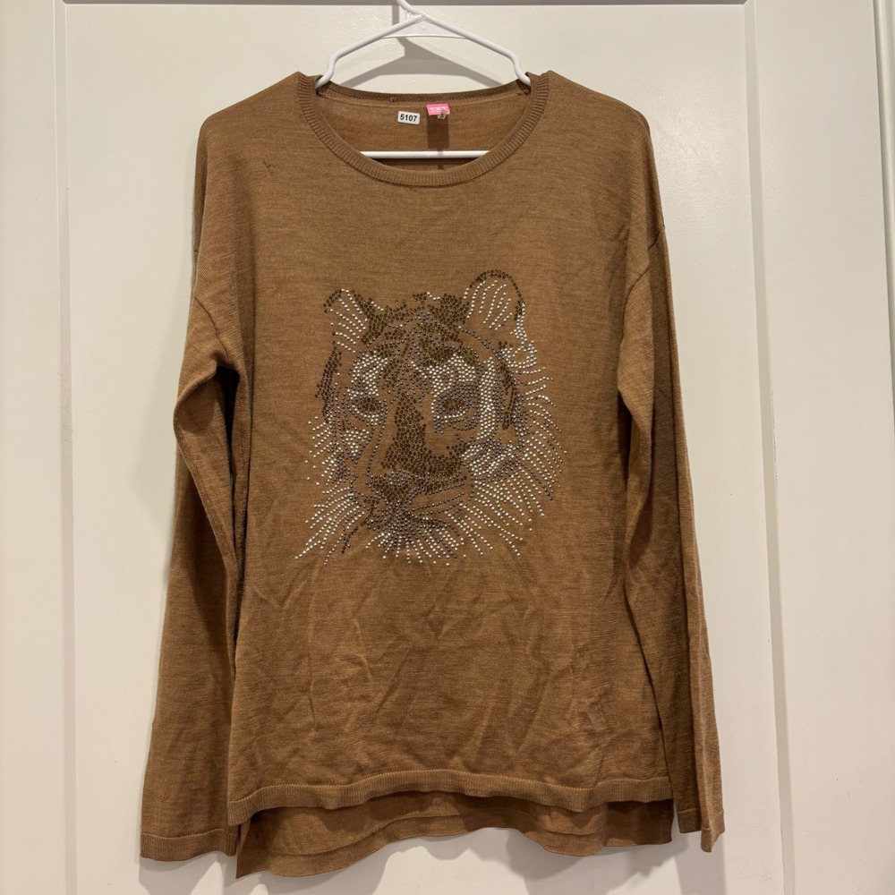 Basler Silk Virgin Wool Blend Tiger Beaded Sweater Brown 27641 Size 12